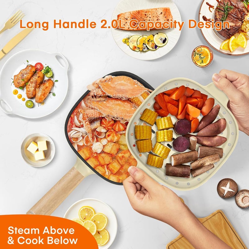 Audecook Hot Pot Electric 2L, Cermic Glaze Non-Stick Frying Pan 8 Inch, Portable Travel Cooker for Ramen/Steak/Fried Rice/Oatmeal/Soup, with Dual Power Control (Silicone Spatula Included) - Image 3